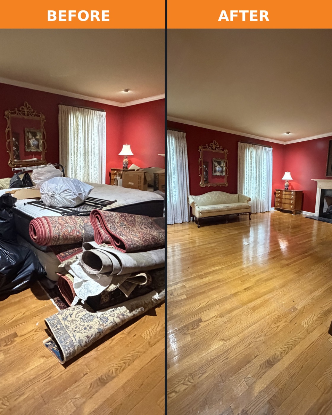 Before and after estate cleanout and furniture removal in a Tri-Cities living room