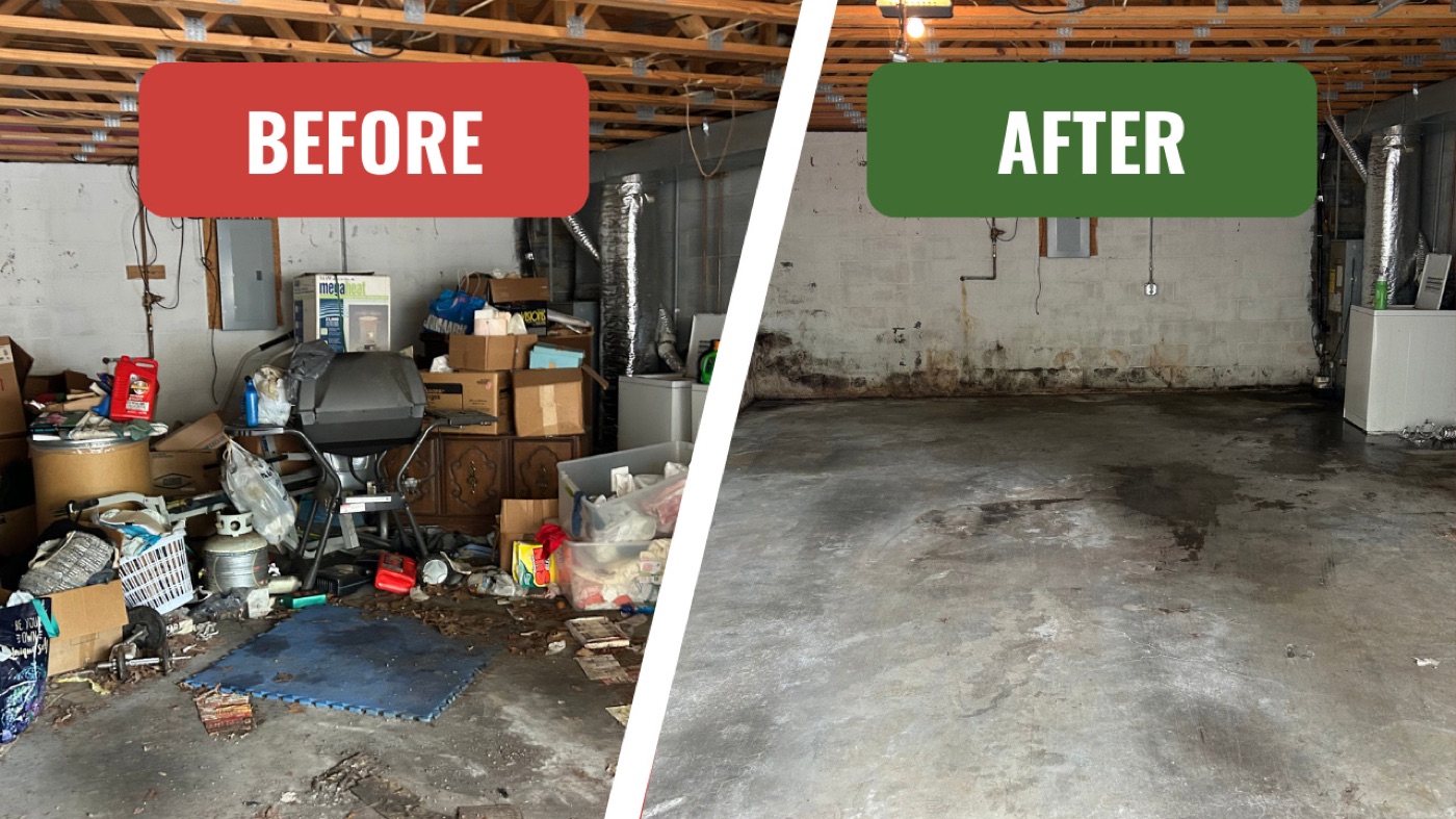 Before and after garage cleanout completed by TriCities Junk Pros in Johnson City