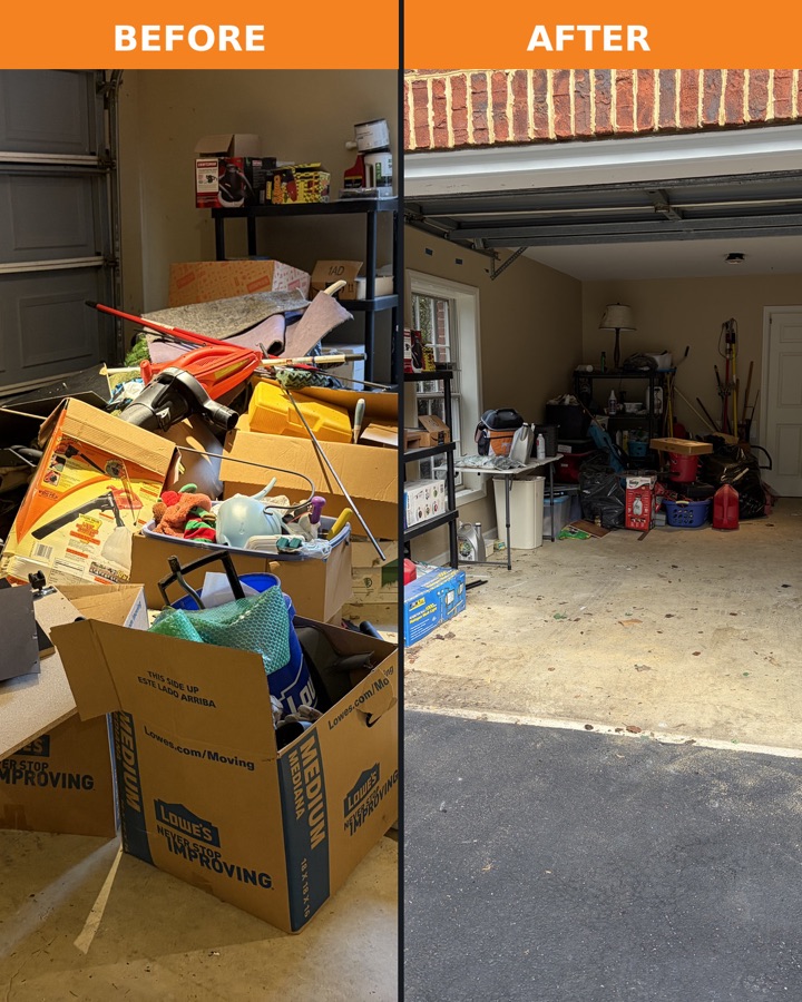 Before and after garage cleanout with boxes and bulky items