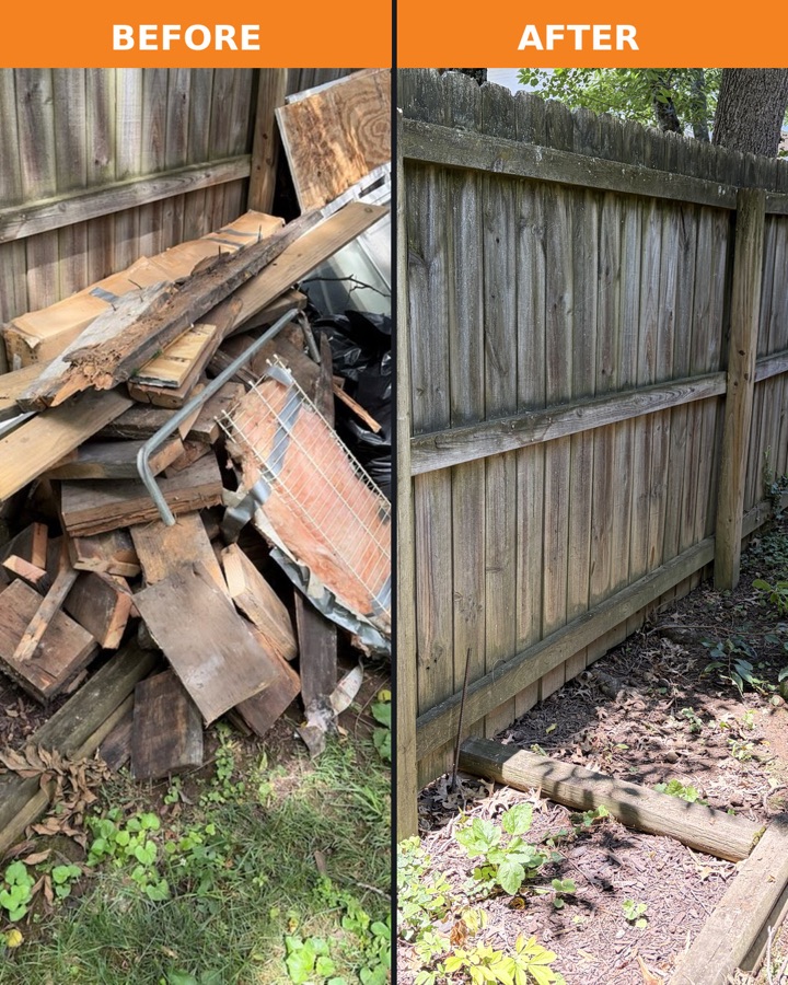 Before and after fence debris removal by TriCities Junk Pros