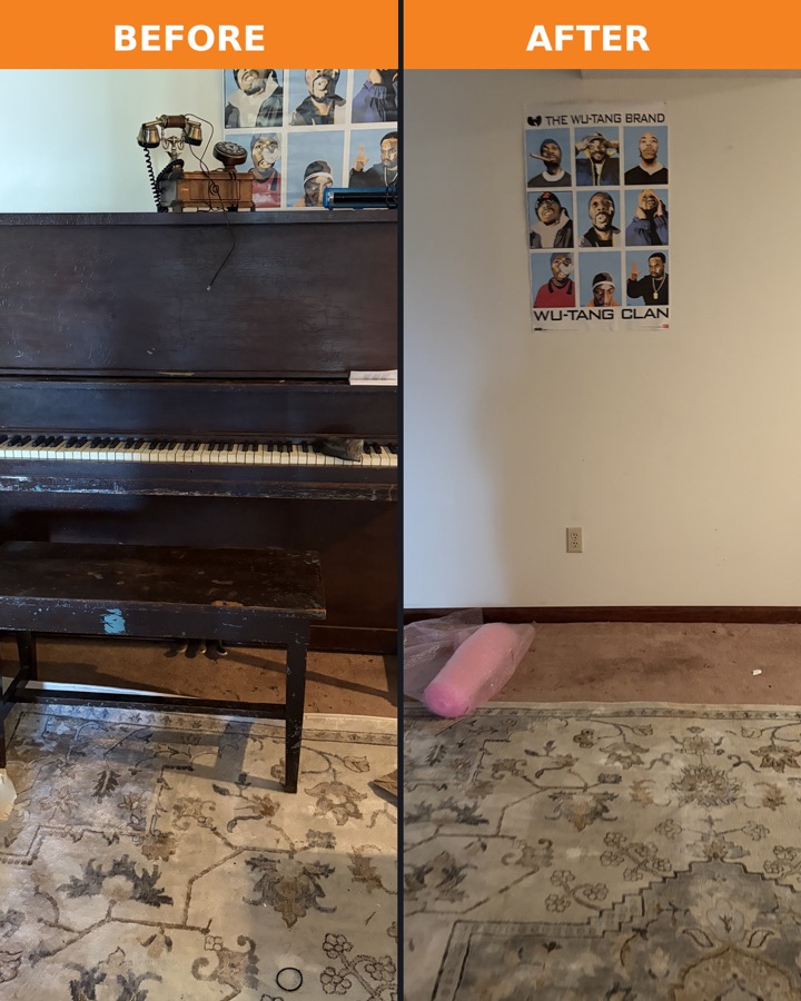 Before and after piano removal by TriCities Junk Pros